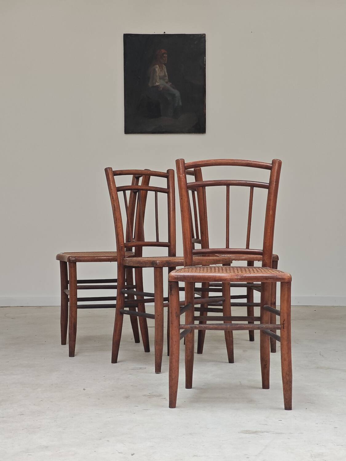 Set of 4 old Thonet style cane bistro chairs from the 1930s