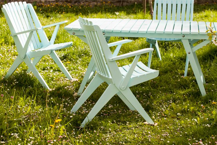 Salon de jardin 60's table 6 personnes + 4 fauteuils bleu azur restauré