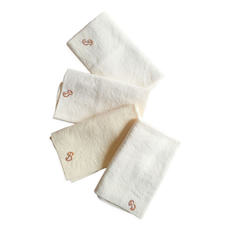 Lot de 4 serviettes anciennes brodées et teintes à la main