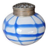 Ancien vase pique fleurs en verre blanc et bleu