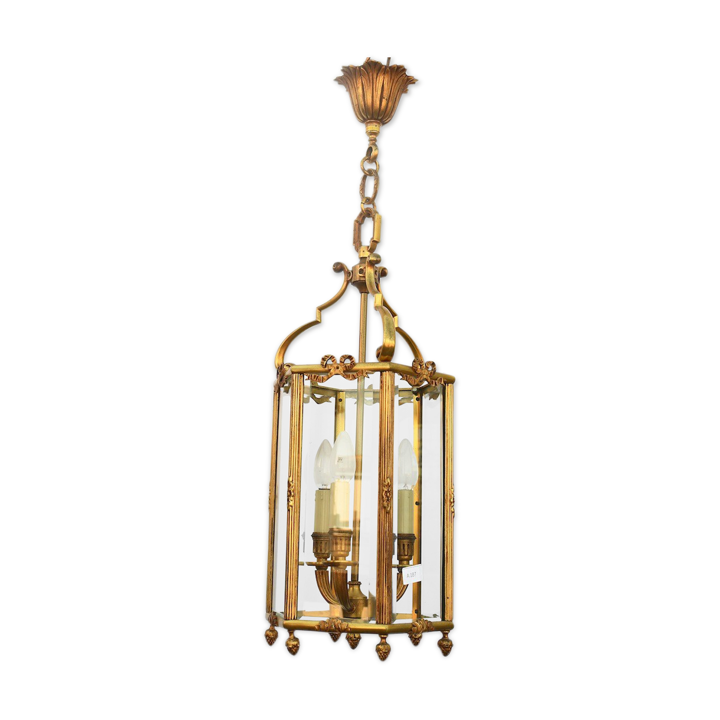 Three-light lantern in gilded bronze