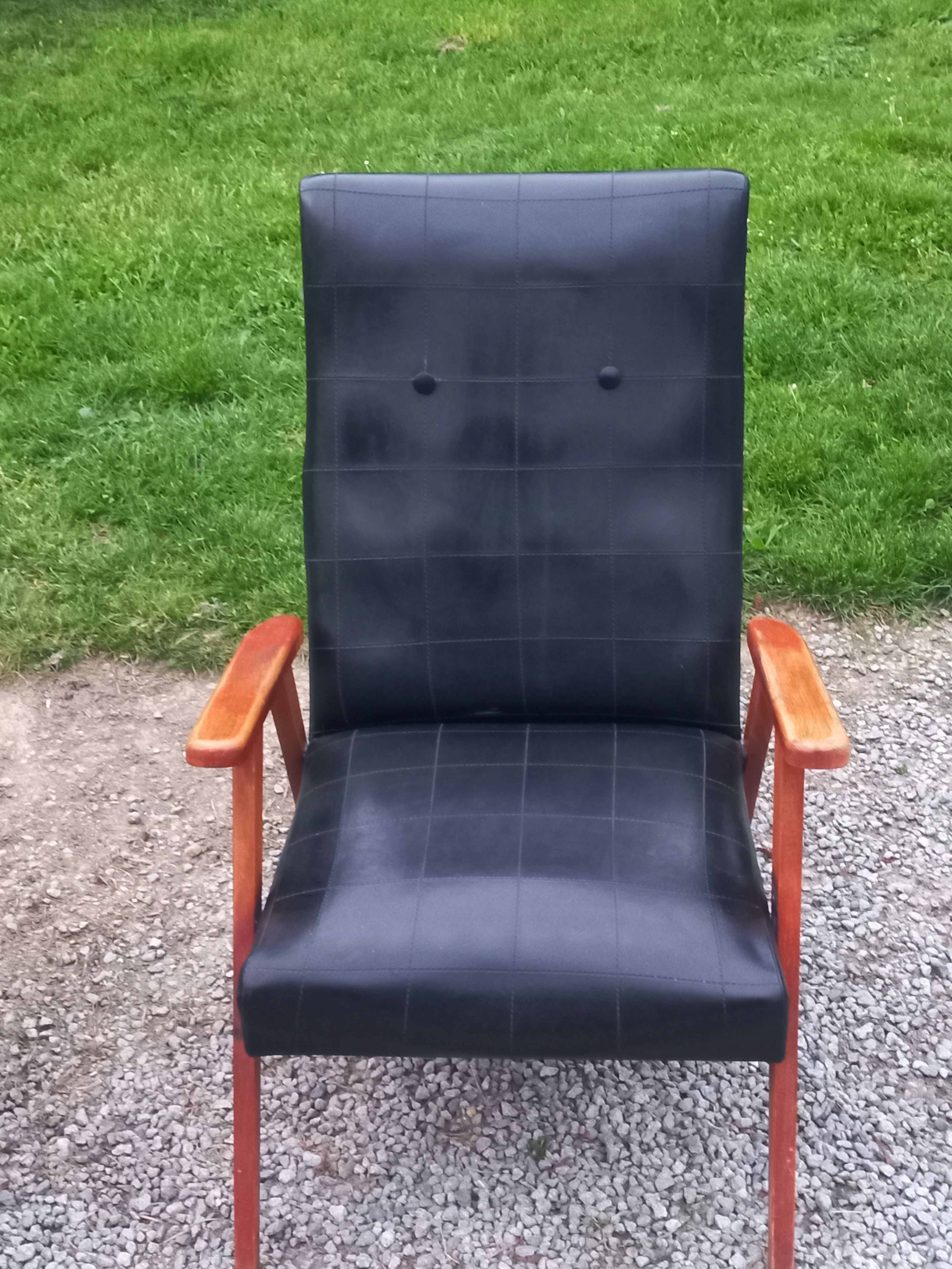 Pair of vintage beech armchairs feet compass covered with black moleskine from the 50s