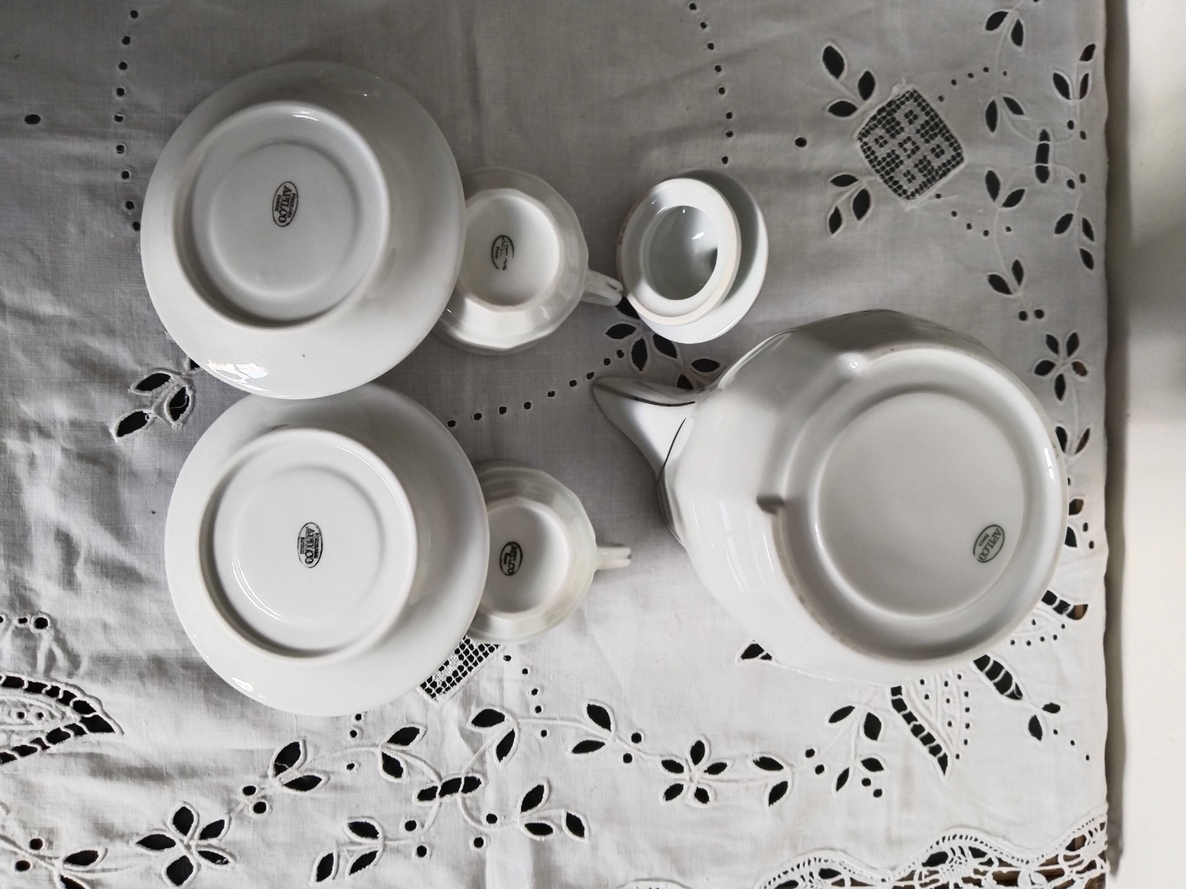 Apilco white and silver coffee maker and bistro cups, vintage French