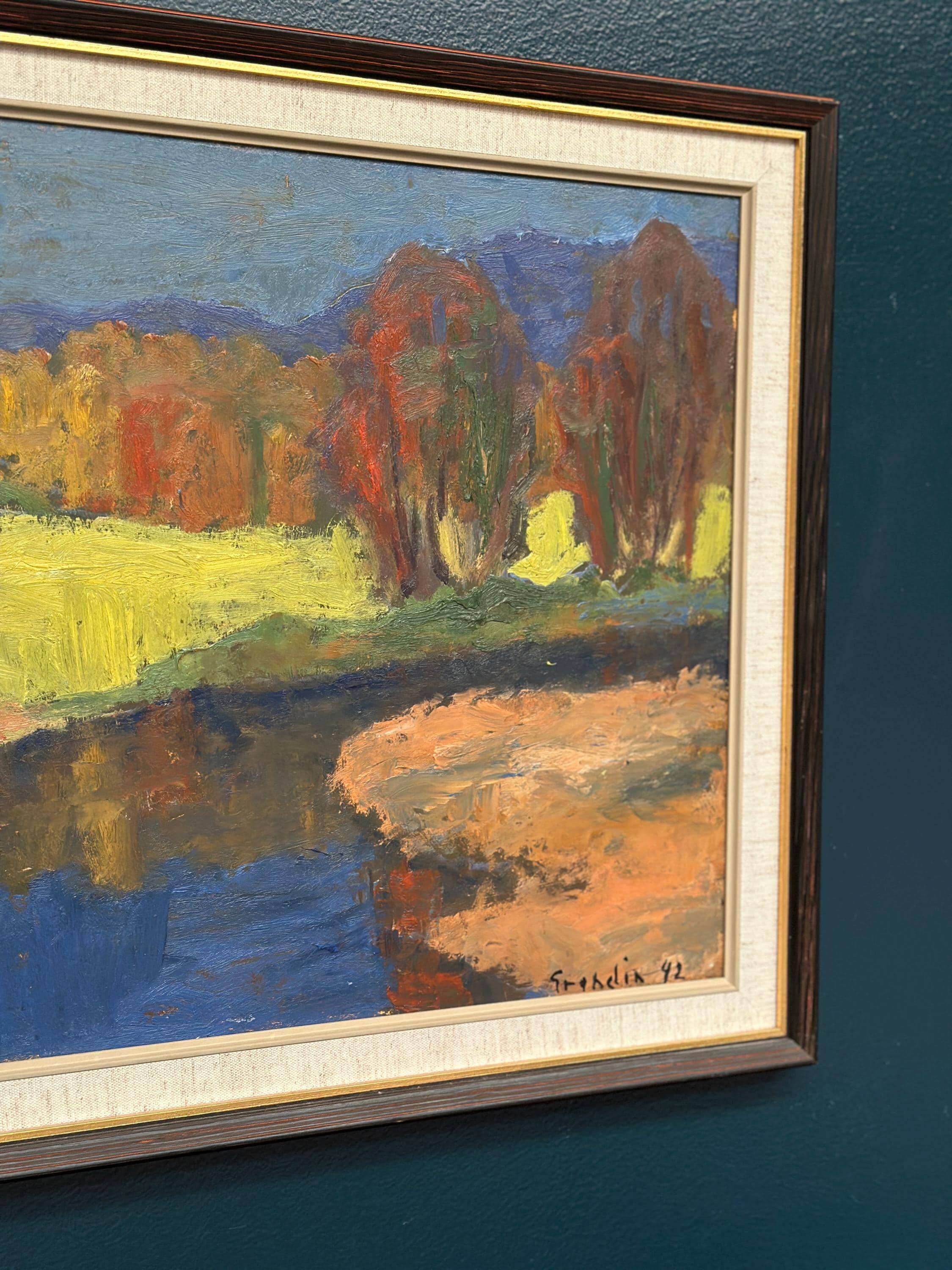 Huile sur panneau suédoise d'époque mi-siècle – « Reflets d'automne » par Svän Grandin (1906–1982) – Vintage et encadrée – 45 × 54 cm (17,7" × 21,3")