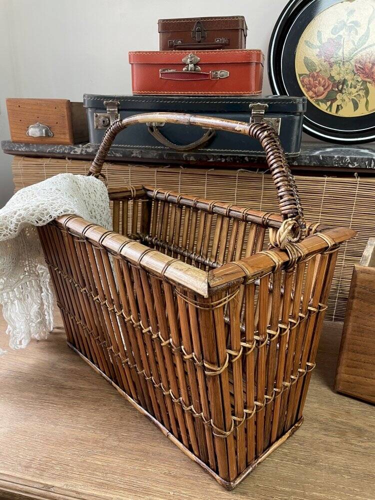 Brown wicker/rattan basket-shaped magazine rack