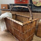 Brown wicker/rattan basket-shaped magazine rack