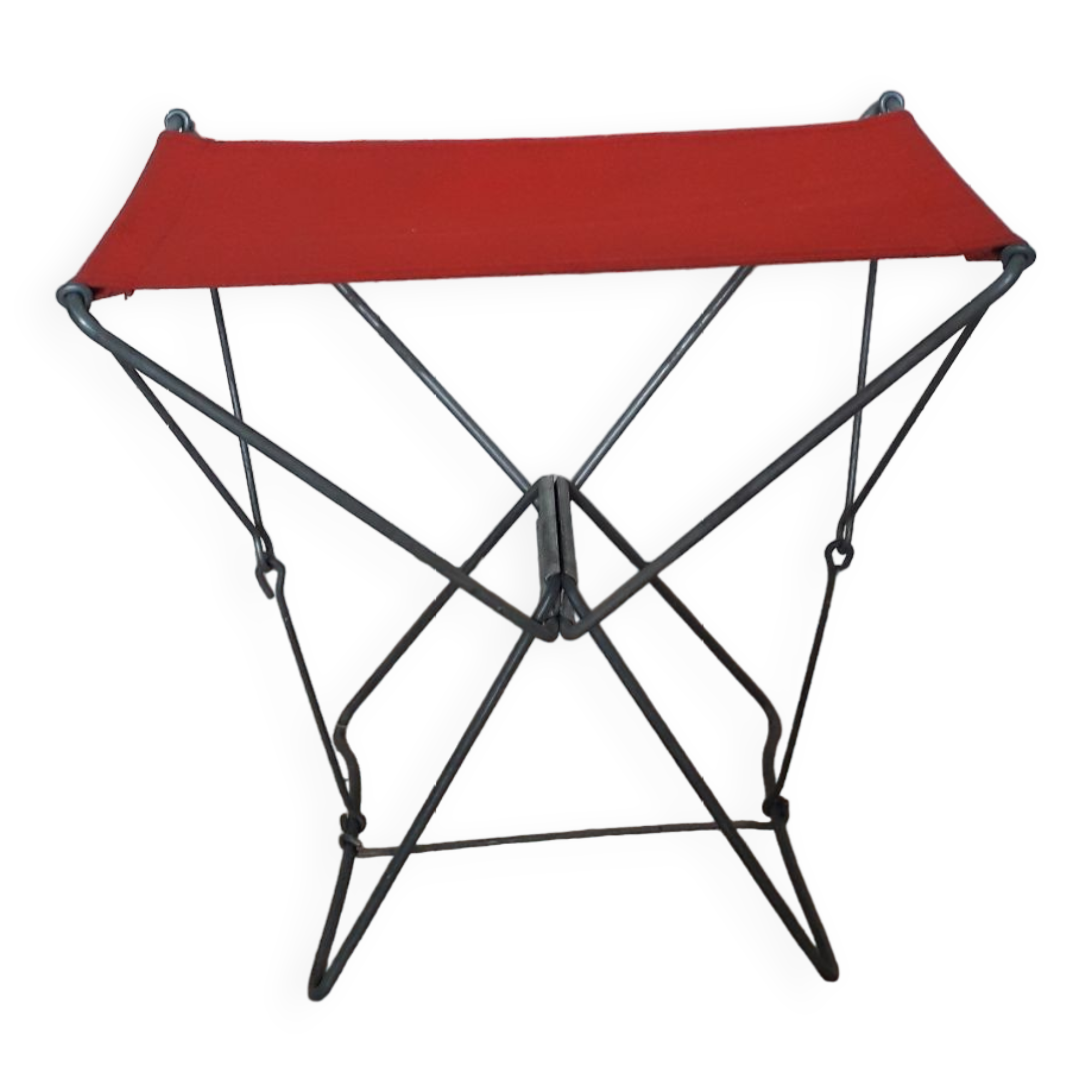 Folding stool in red canvas but unstitched on one side