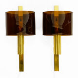 Pair of brass sconces with toned plastic shades, Denmark 1970s