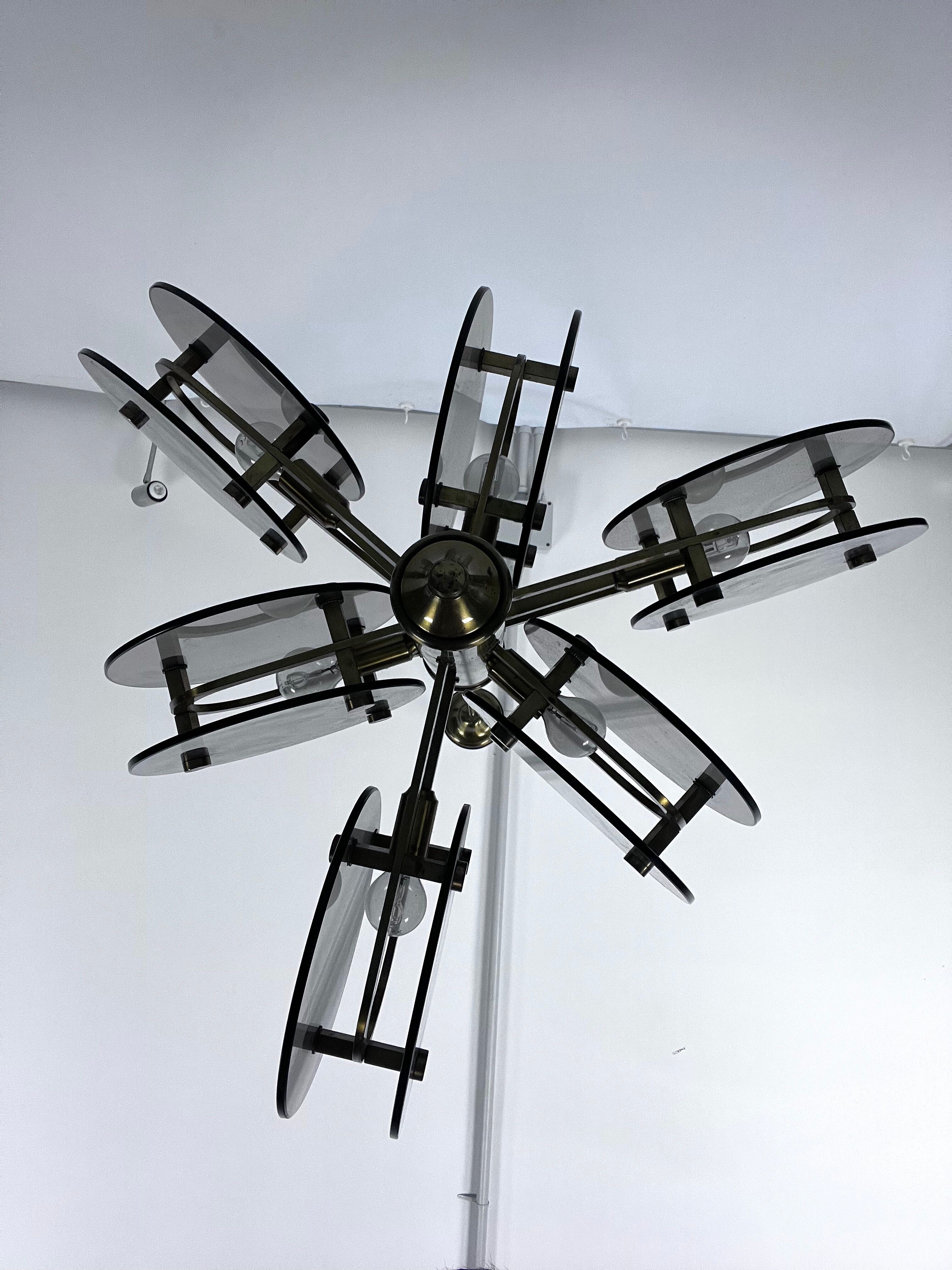 Postmodern brass and thick glass chandelier by Gino Paroldo. Italy 1970s