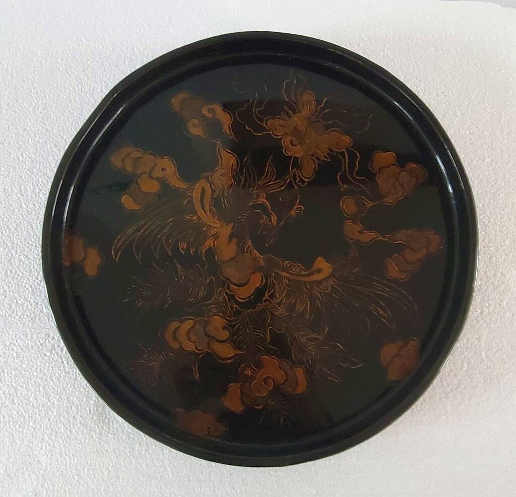 Japanese Art Round Lacquer Tray Gold Phoenix Bird Vintage