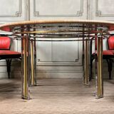 Dining table in chromed metal and matt gold, travertine shelf circa 1980