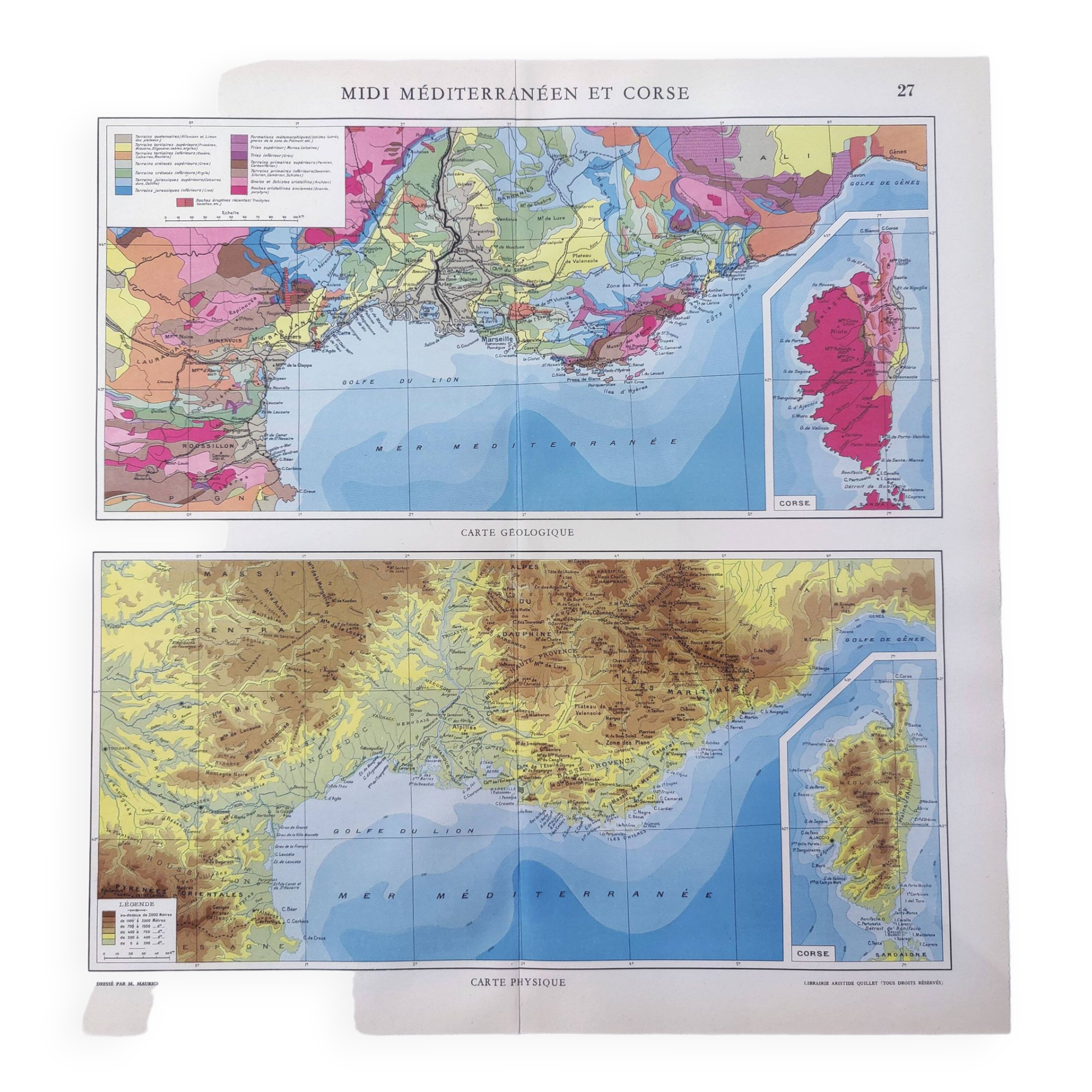 Vintage map of Corsica and southern Mediterranean France, 43x43cm from 1950.