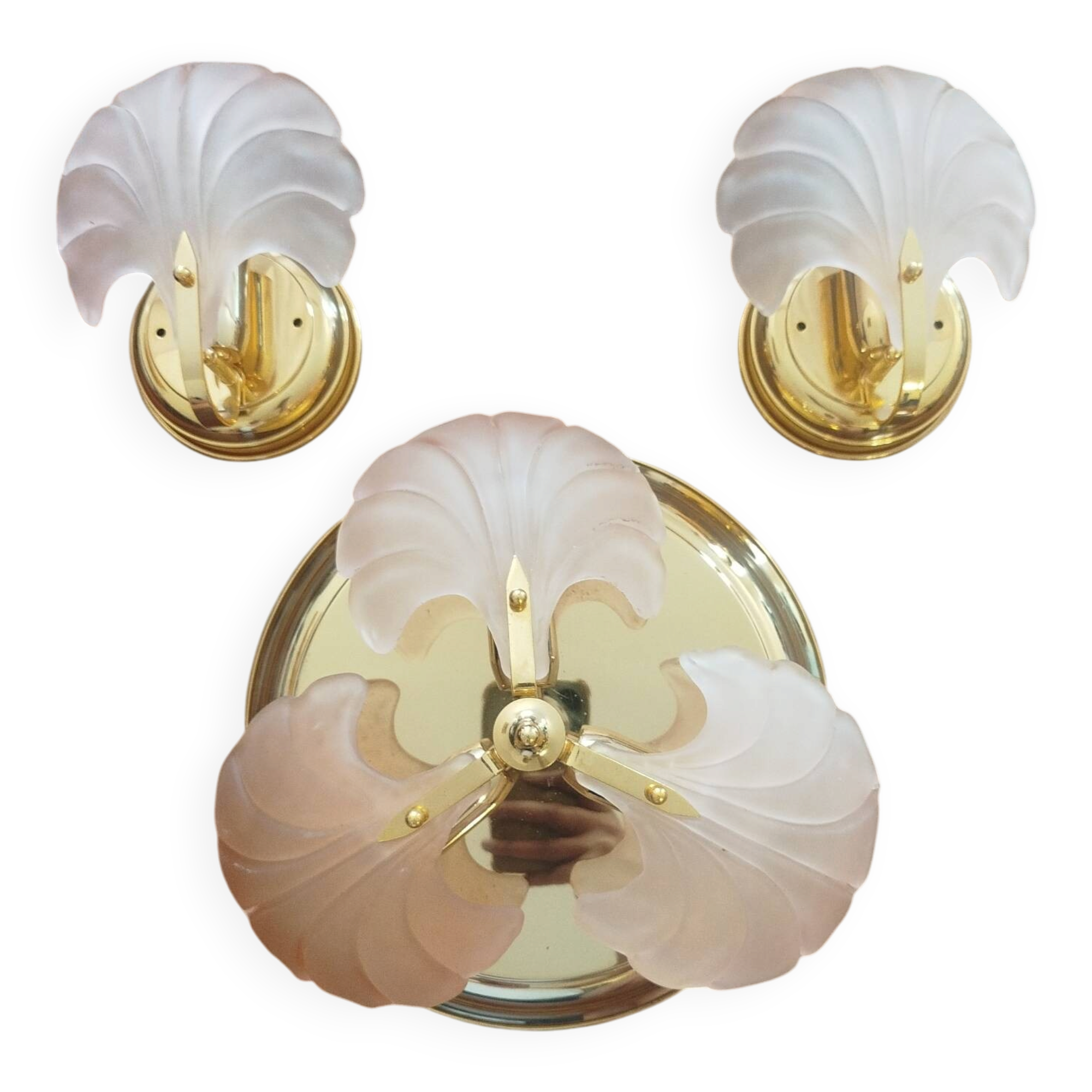 Rare set of wall sconces and shell ceiling light.