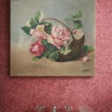 Old table flowers – oil on canvas – roses in a basket – the bucolic invitation