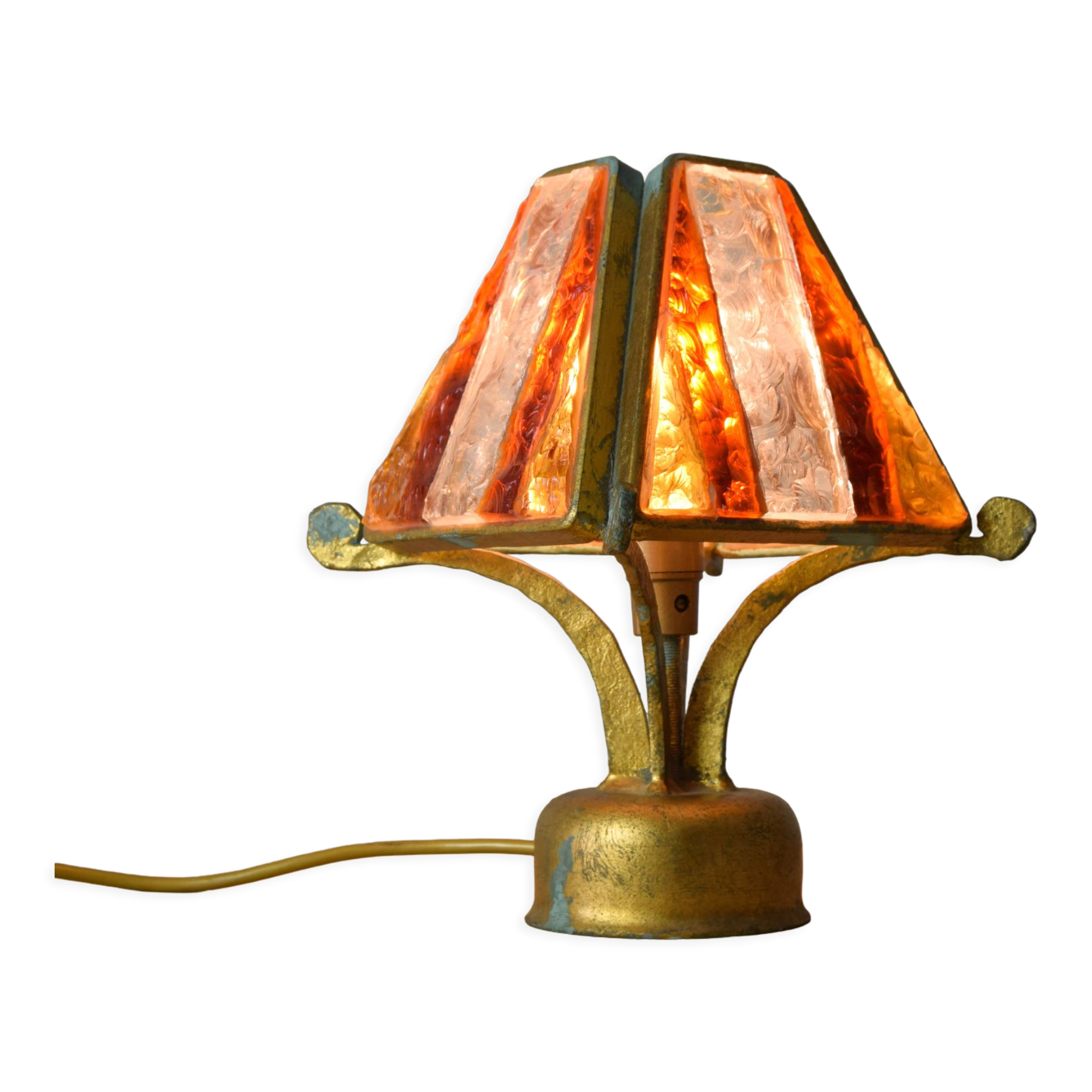 Brutalist table lamp in metal and hammered murano by longobard italy