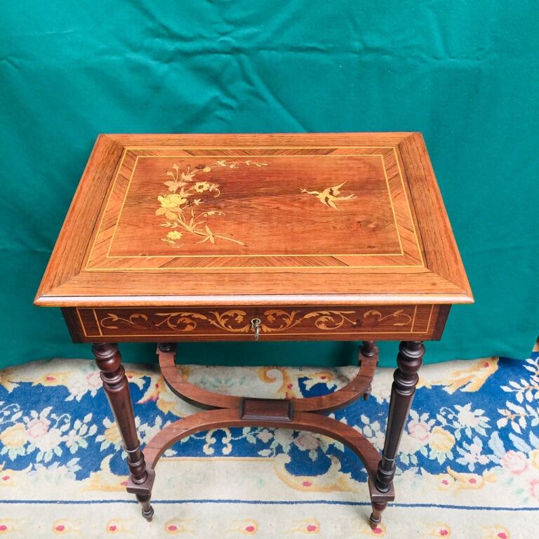 Worker table wood old marquetry.