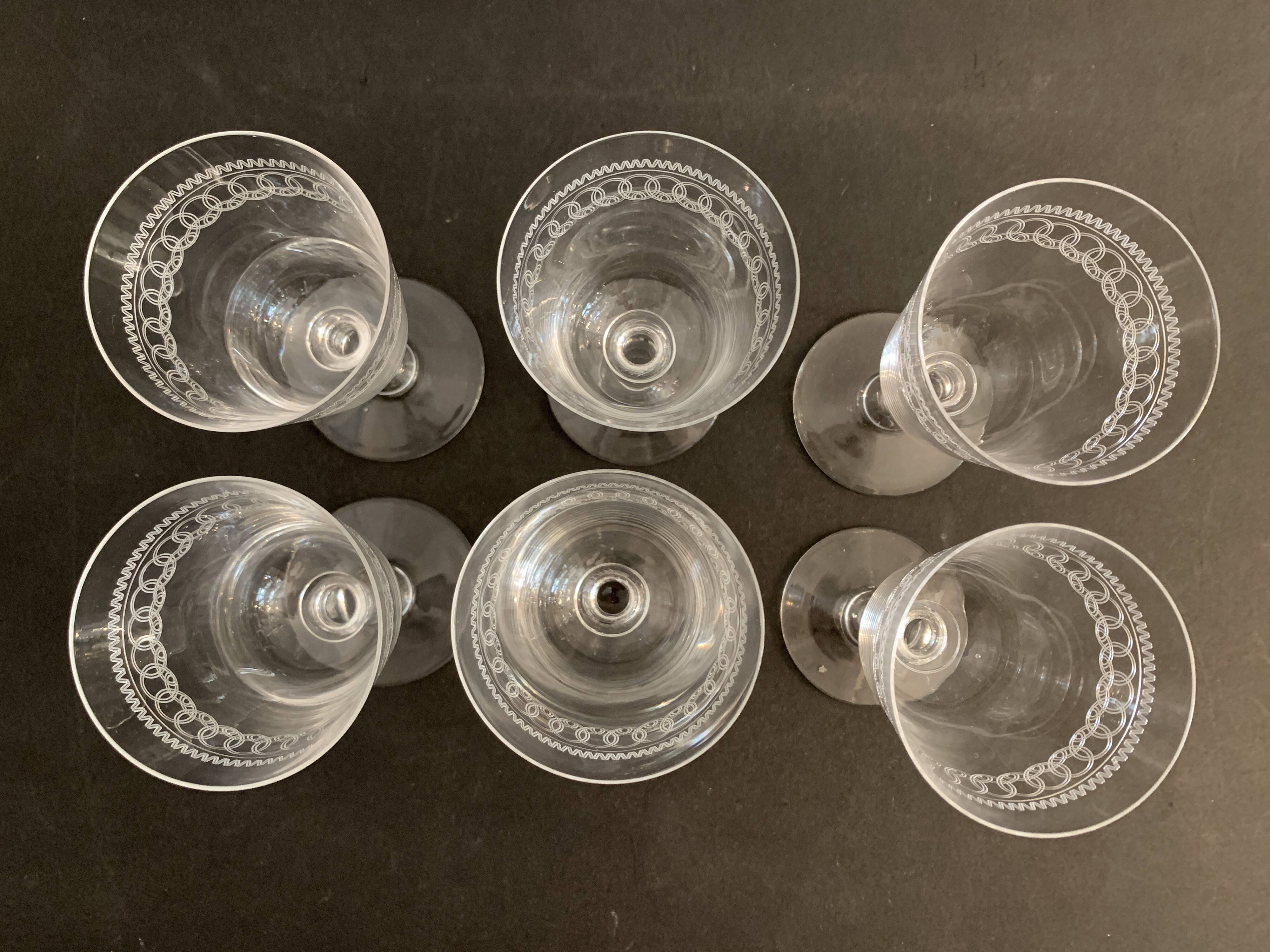 6 antique engraved crystal wine glasses