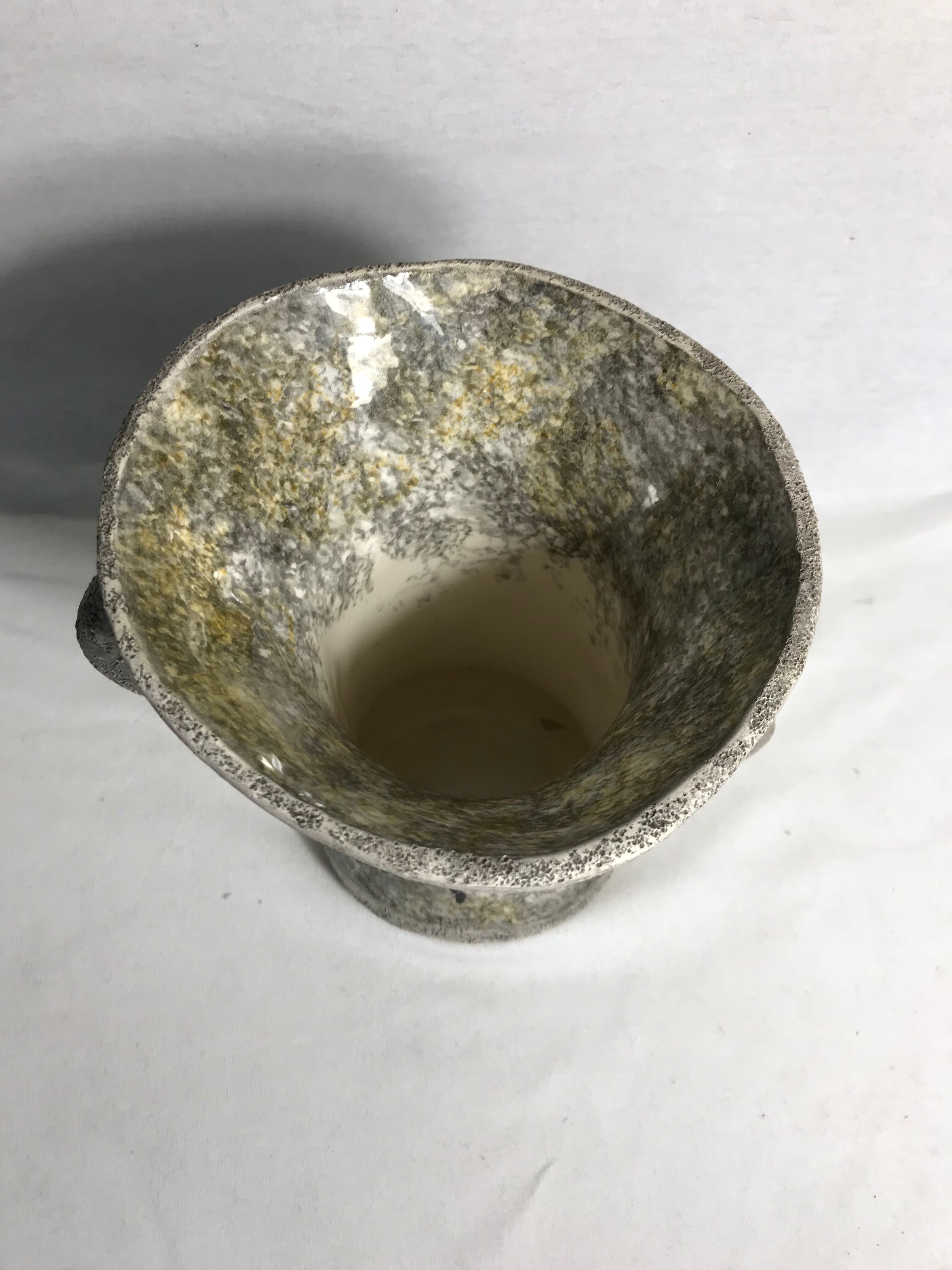 Old grey enamelled ceramic  2 handles vintage deer vase