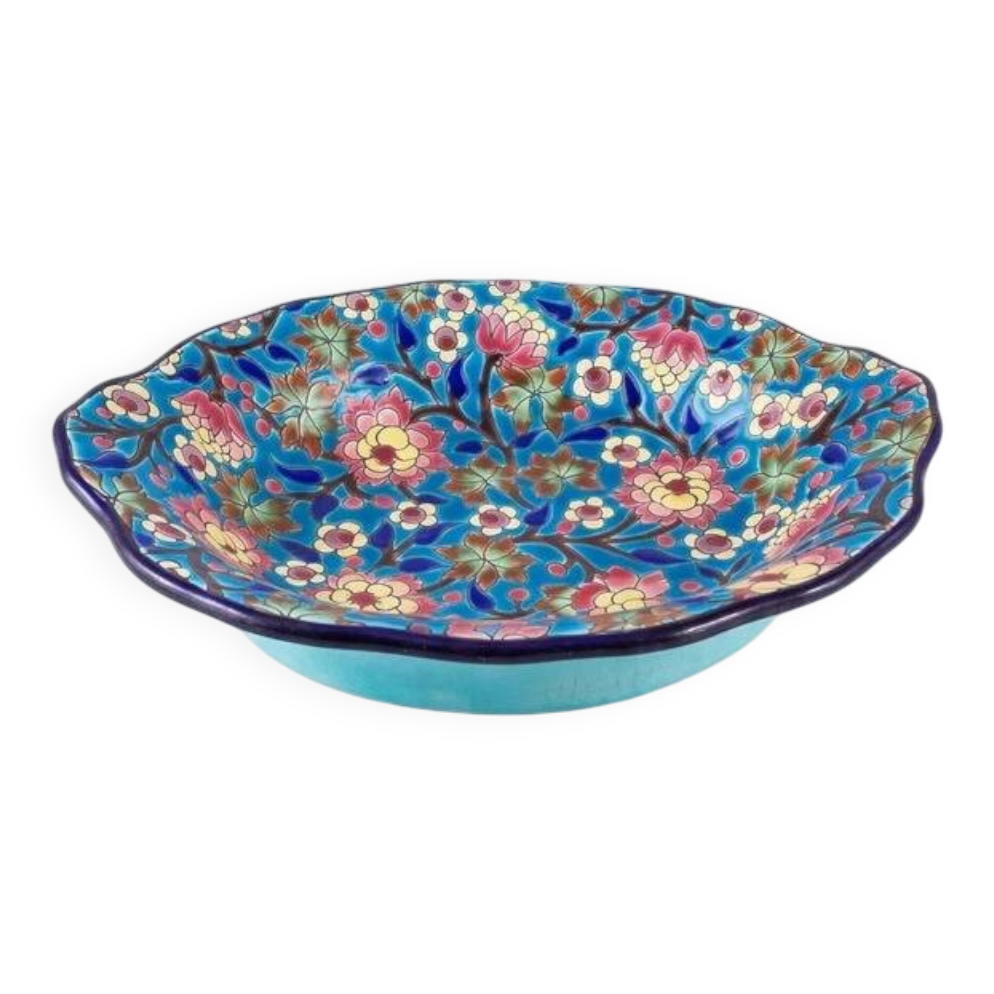 Longwy enamels – Important lobed plate with polychrome floral decoration, 20th century