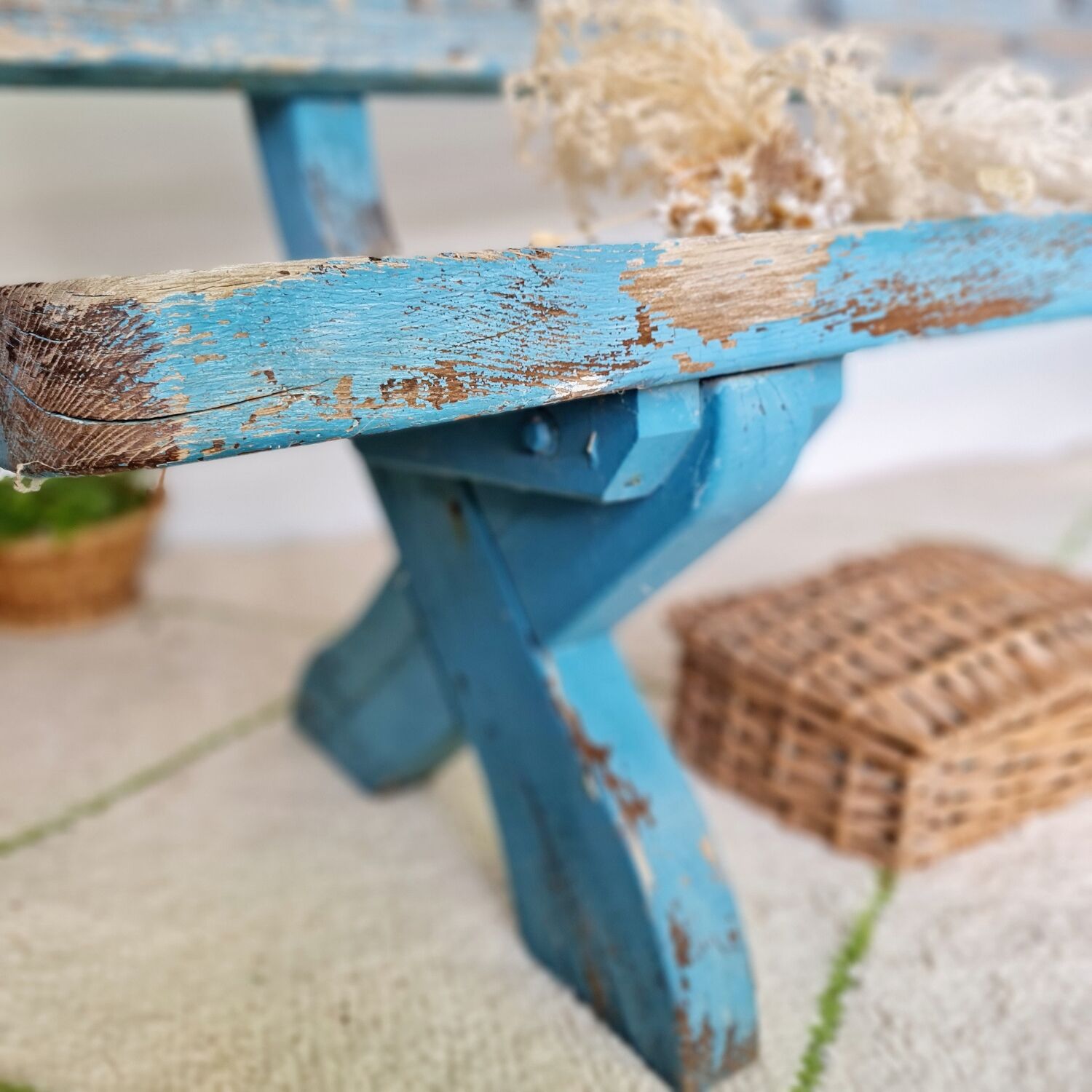 Outdoor bench in patinated blue solid wood
