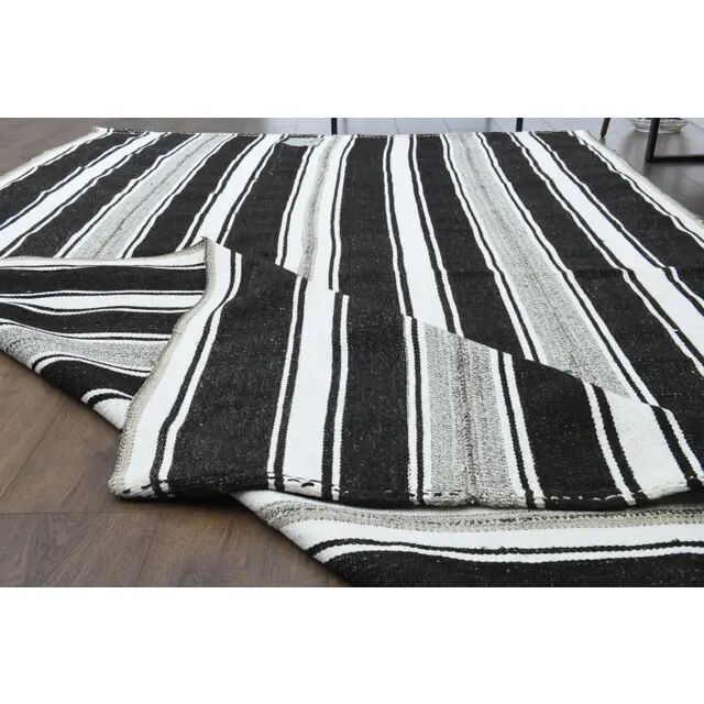 1970s Vintage Turkish Oushak Handmade  White Black Runner Rug  182x296