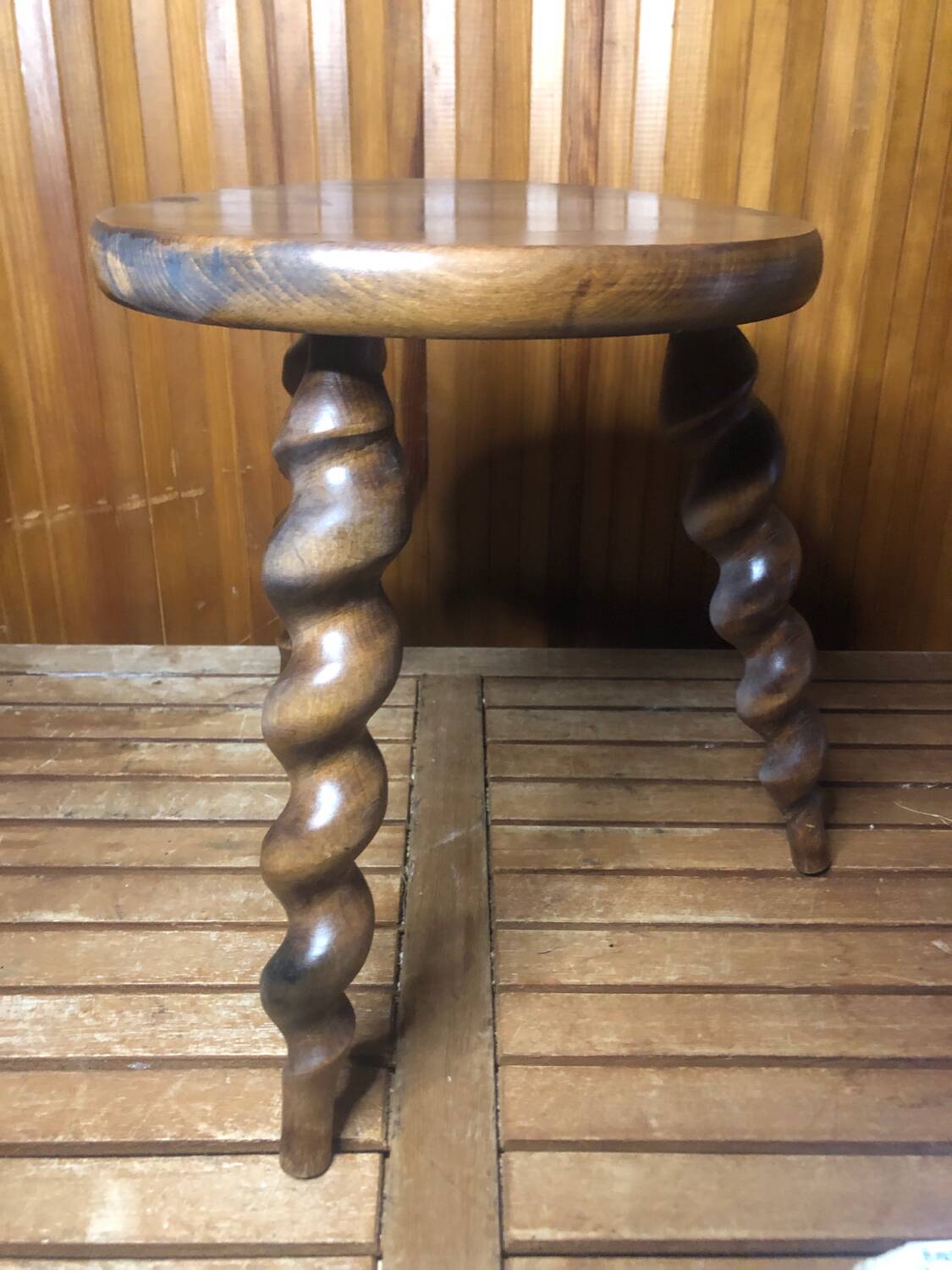 Charles Dudouyt style tripod milking stool vintage twisted wood #a583