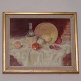Original Swedish oil on canvas – “Still Life with Fruit and Bottle” by A.K. – vintage & framed – 40 × 48 cm (15.7" × 18.9")