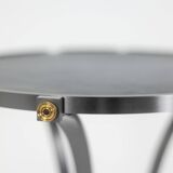 “Canabas” pedestal table in patinated leather, steel, and gilded brass. Contemporary. LS59502209H