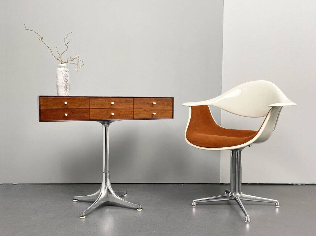 Rare small chest of drawers with 6 drawers, teak wood with chrome-plated base by George Nelson for Herman Miller, USA, 1950s