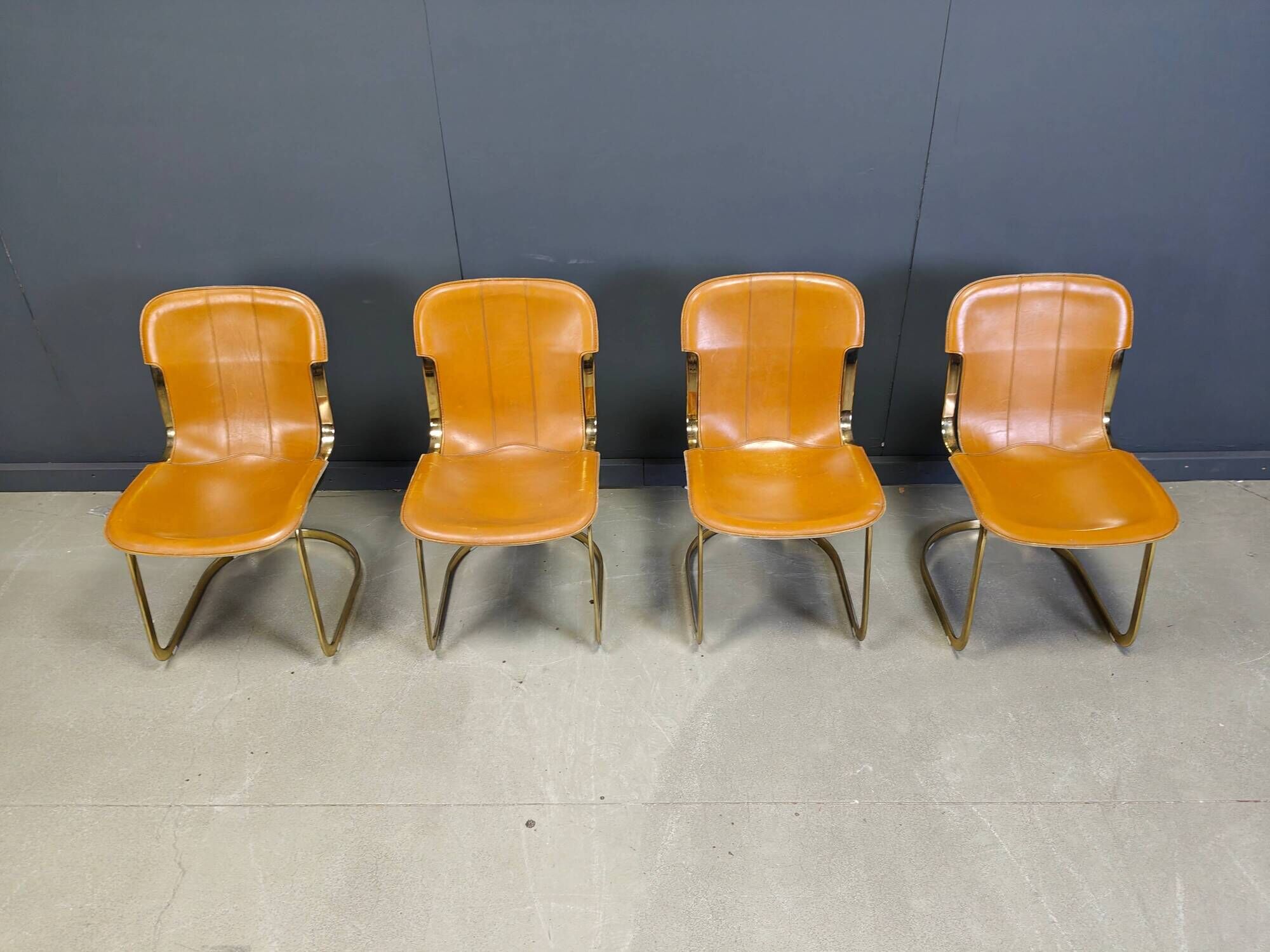 Vintage brass and cognac leather dining chairs by Willy Rizzo for Cidue set of 4