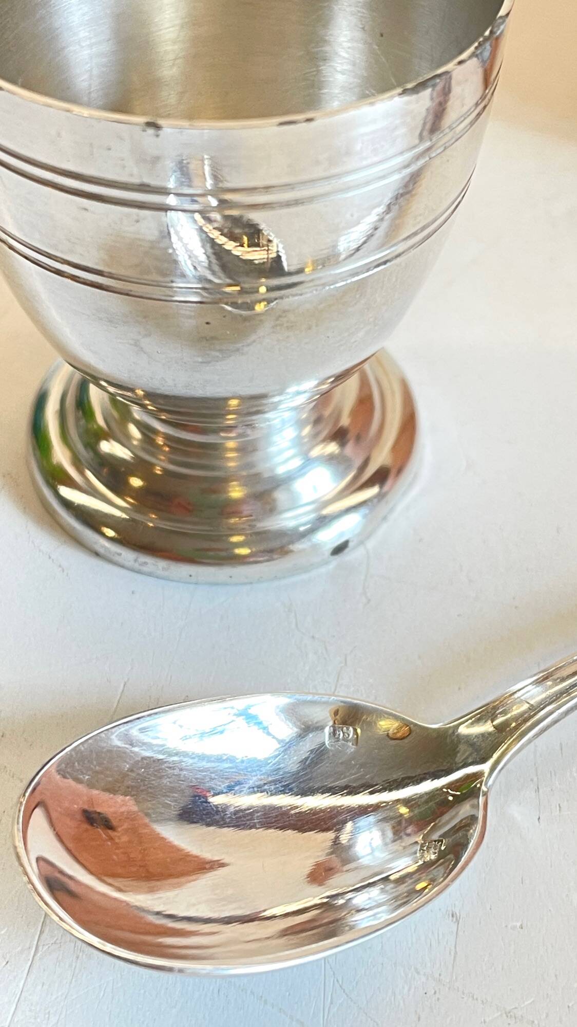Vintage Silver-Plated Metal Egg Cup and Spoon for Birth