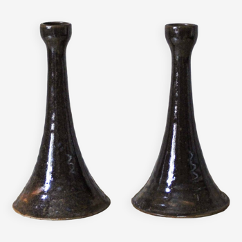Pair of enameled stoneware candlesticks
