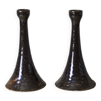 Pair of enameled stoneware candlesticks