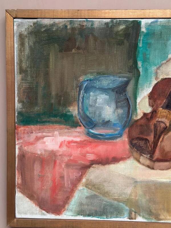 Oil on canvas “Still life with guitar” by Helerie 70, vintage & framed 62x42cm