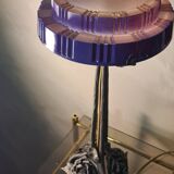 Lampe en fer forgé et verre moulé - décor de rose - vers 1900