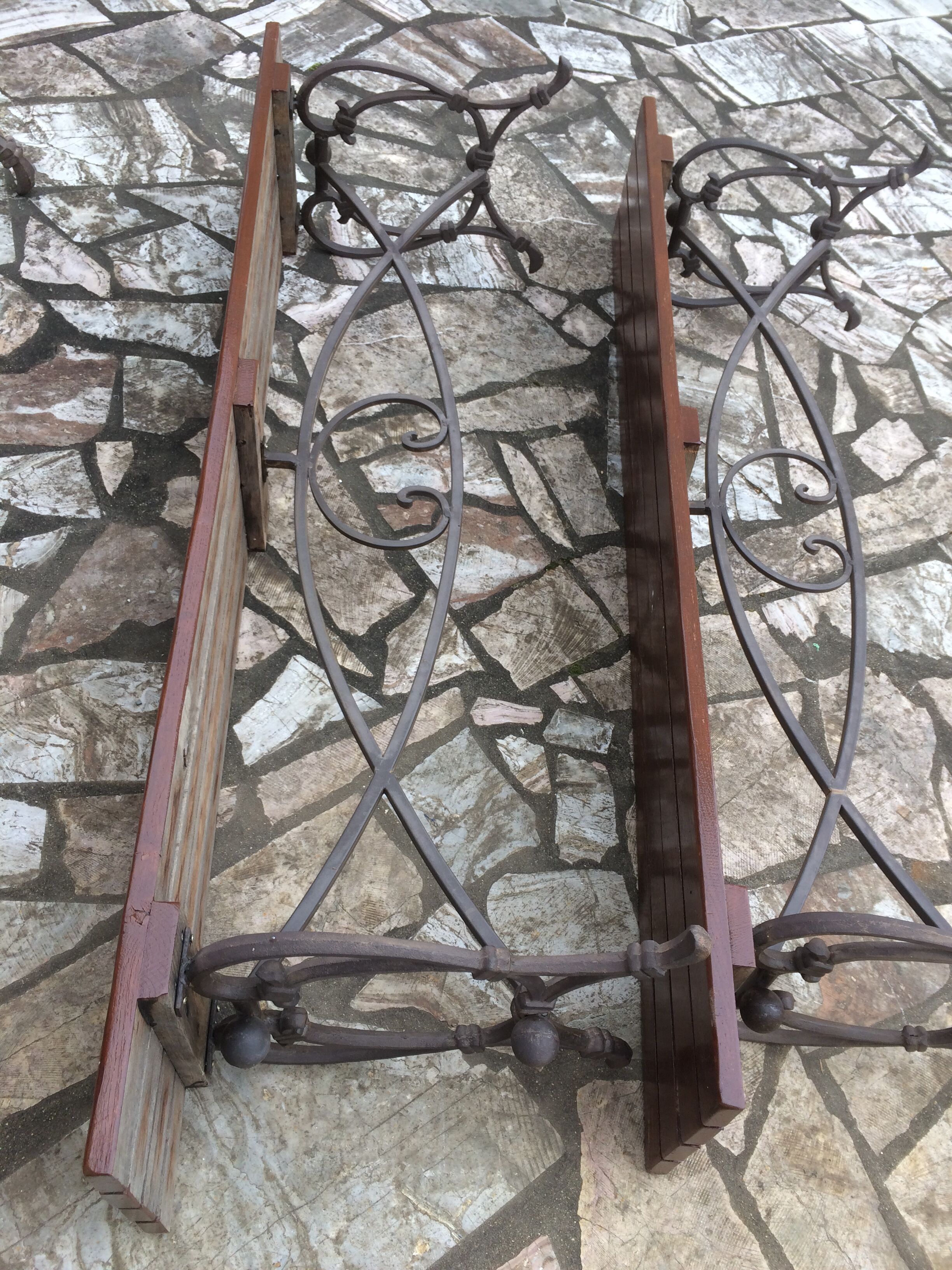 Garden lounge table and 2 cast iron and oak benches