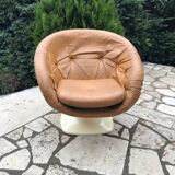 Brown tulip club chair in fibreglass resin and faux leather, France 1970s by Raphaël