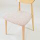 Set of 6 soft pink fabric dining chairs, Scandinavian design, natural wood.