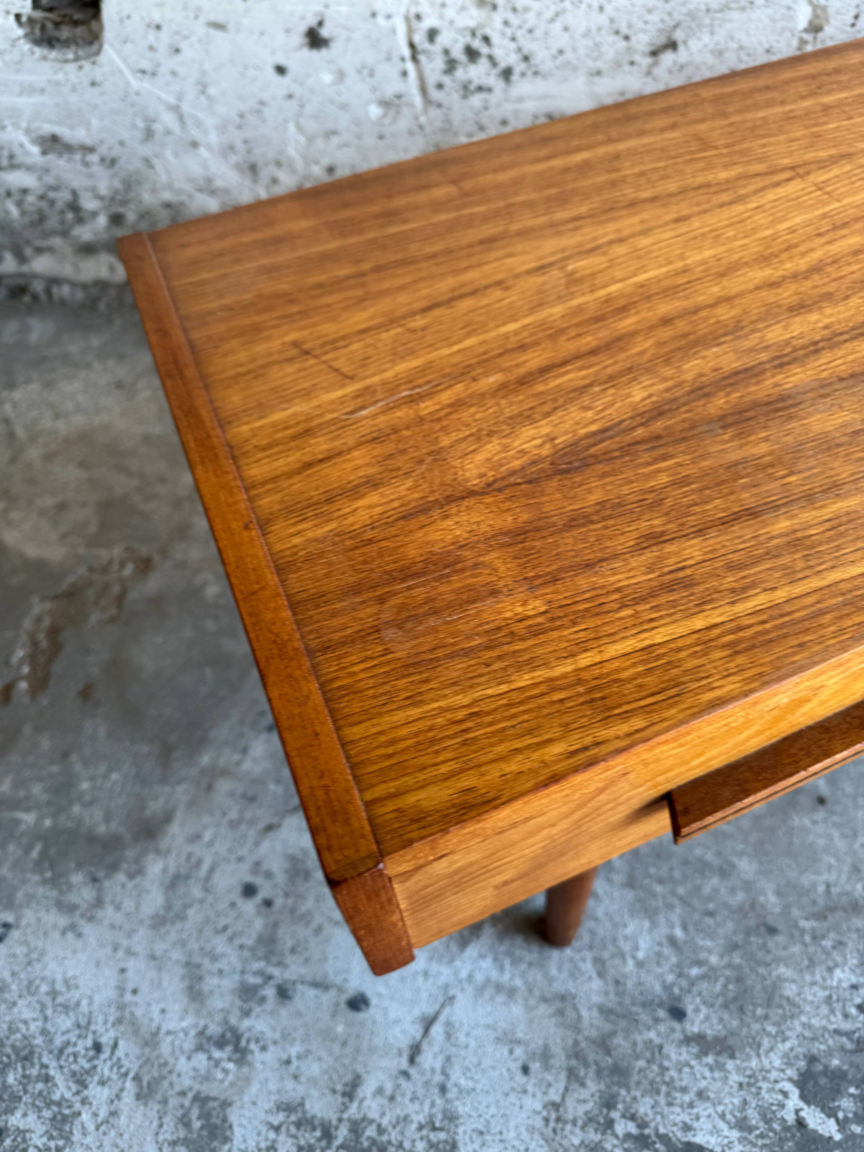 Low Danish Teak Cabinet by Millenium Design — Warm Teak Veneer, Two Drawers, Tapered Legs