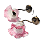 Sconces with tulip colored pink support color old gold 1 pair around 1970