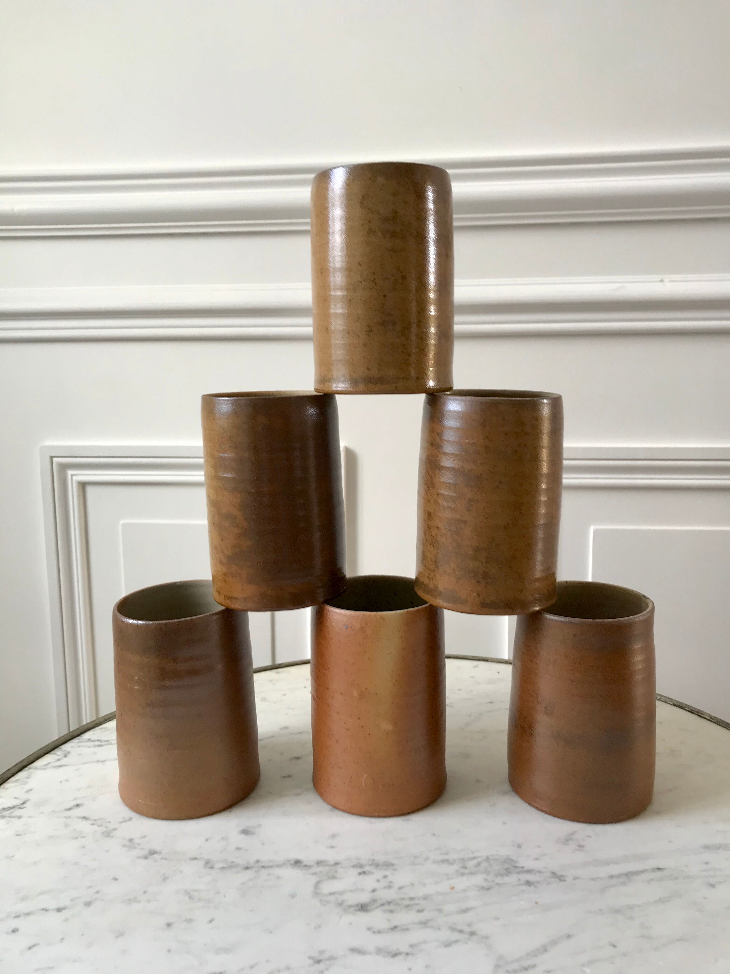 Set of 6 handmade handmade stoneware mugs 70s
