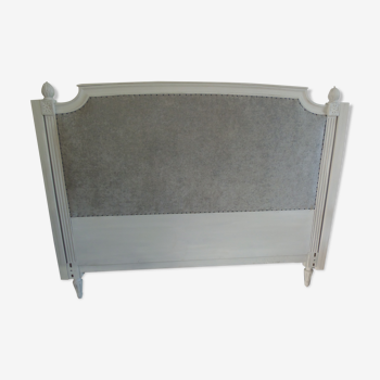 160-style louis XVI style headboard patinated pearl grey waxed finish, lined with grey velvet