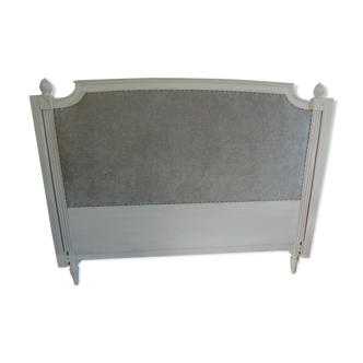 160-style louis XVI style headboard patinated pearl grey waxed finish, lined with grey velvet