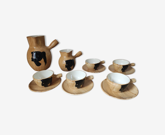 Service à café céramique décor faux bois Emile Masson Vallauris 1960
