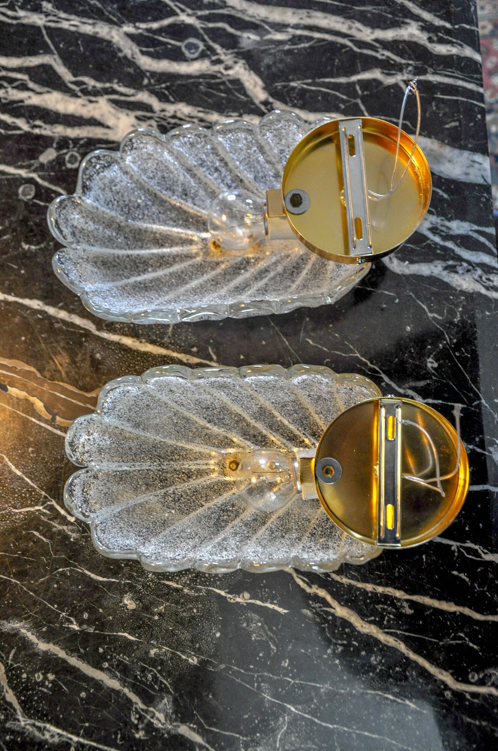Pair of frosted leaf sconces, murano glass, italy, 1970