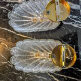 Pair of frosted leaf sconces, murano glass, italy, 1970
