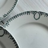 6 earthenware dinner plates, green decor, St Amand Nord iron earth.