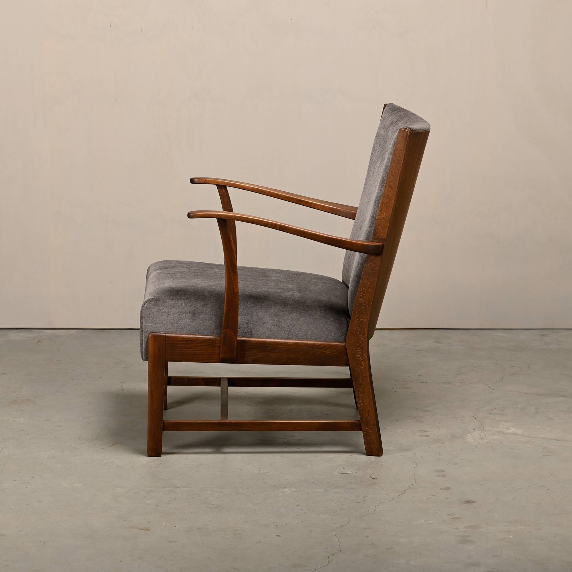 Fritz Hansen Armchair in stained beech wood and warm Grey Mohair, 1940s