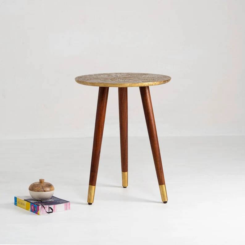 Side table with handcrafted embossed brass top: luxury bohemian side table.