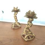Pair candlestick palm wood and gilded metal